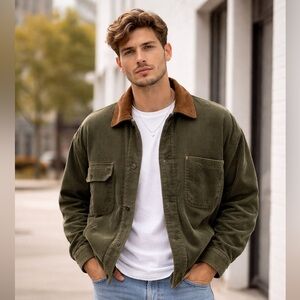 Vintage Free Country USA Green Corduroy Sherpa Lined Workwear Jacket SZ L